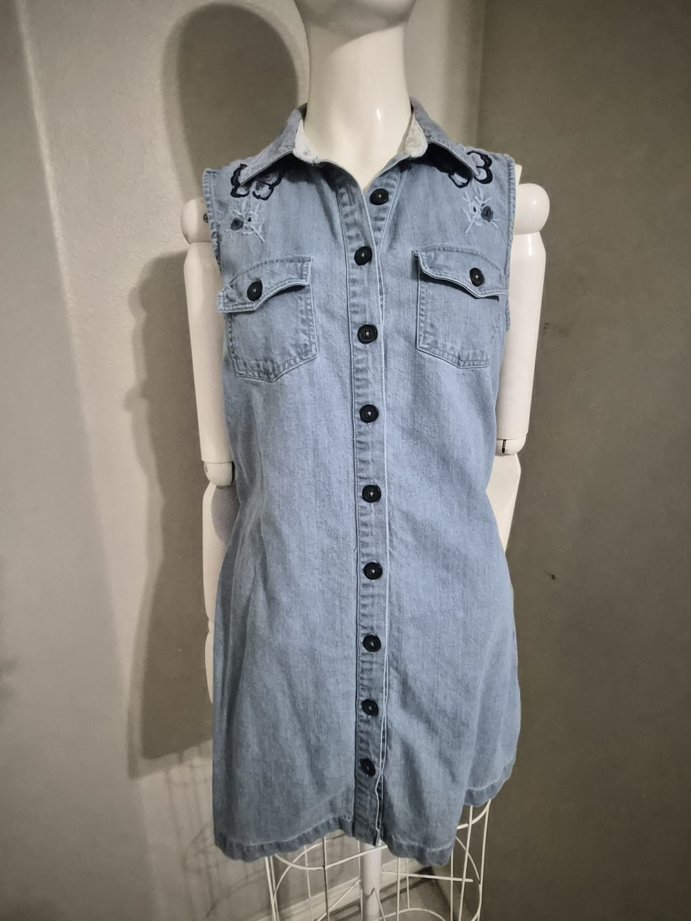 Sleeveless Light Blue Denim Shirt Dress